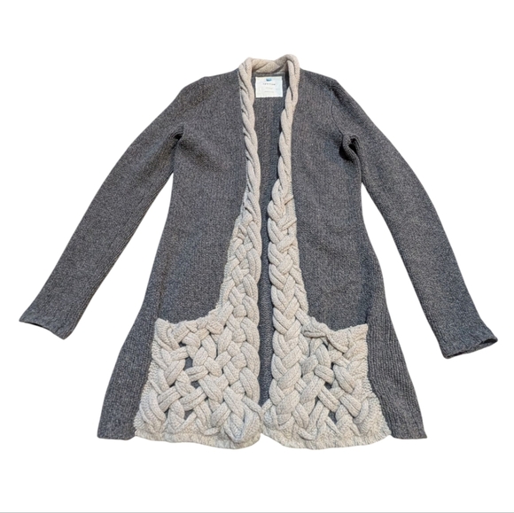 Anthropologie Sparrow Wool Braided Sweater Grey Tan XS Lagenlook - Picture 2 of 8